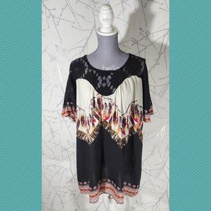 Simply Aster by Firmania Black Lace Neck Feather Printed Boho Top